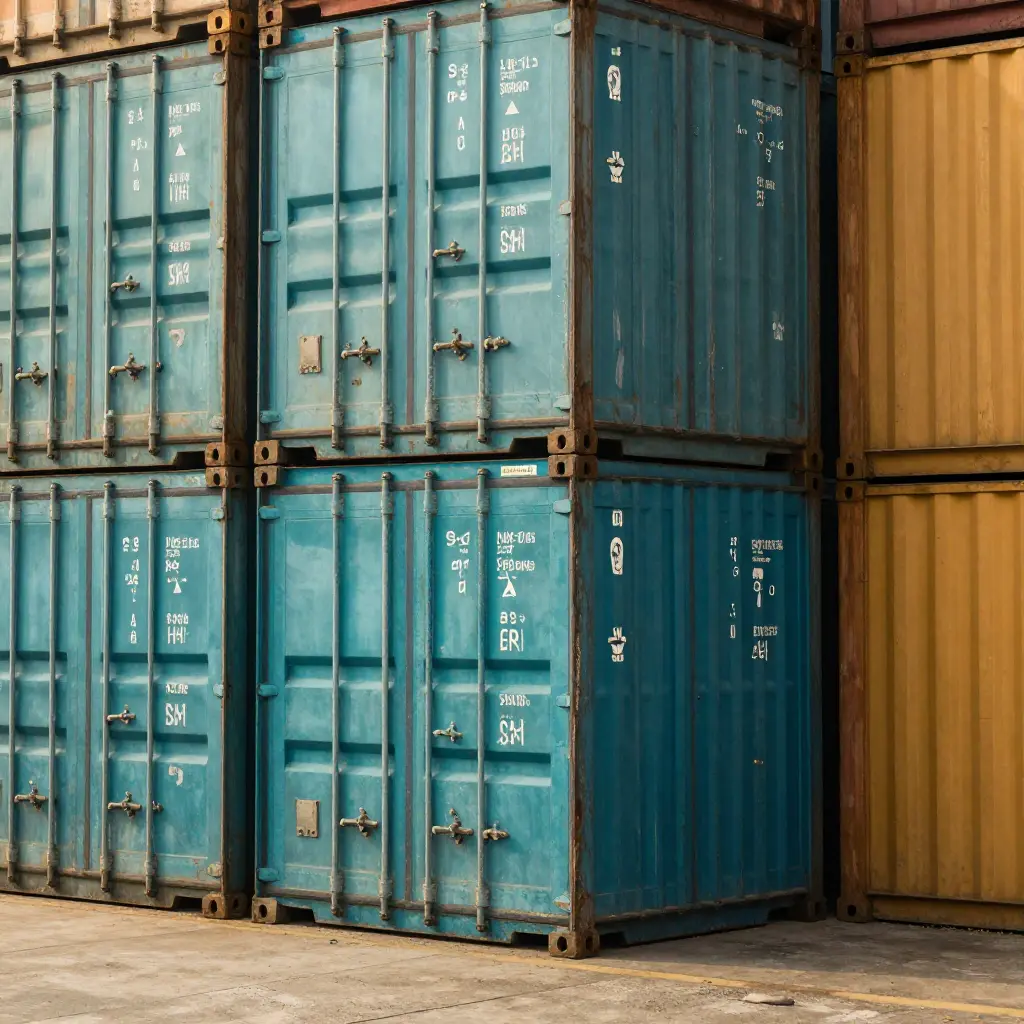 Bulk shipping containers with cyan and amber lighting